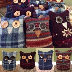 an assortment of knitted owls sitting on top of a bed