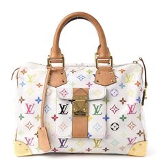 Description This Is An Authentic Louis Vuitton Monogram Multicolor Speedy 30 In White. This Classic Bag Is Crafted Of Louis Vuitton Multicolore Monogram In 33 Vibrant Colors On White Coated Canvas. This Handbag Features Vachetta Cowhide Leather Piping, Sturdy Rolled Leather Top Handles, An External Flap Pocket On The Front, And Polished Brass Hardware Including Brass Corners, A Latch Lock At The Side Panel For The Zipper Pull, Handle Rings, And Studs. The Zip-Top Opens To A Dark Red Microfiber Interior With A Patch Pocket. This Is An Excellent And Iconic Handbag That Is Perfect For Everyday Use, From Louis Vuitton! Condition O Good Exterior: Creases, Patina Of Vachetta, Cracks, Marks, Tear O White Luis Viton Bag, Louis Vuitton White Checkered, Louis Vuitton Handbags Rainbow, White Checkered Louis Vuitton Bag, Louis Vuitton Multicolor Bag, Brass Corners, Speedy 30, Classic Bags, White Coat