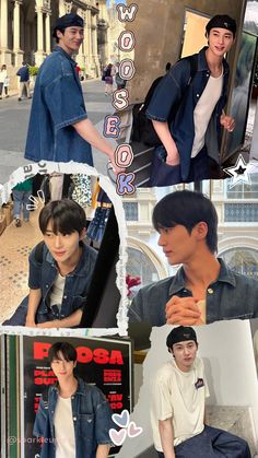 the collage shows many different images of young men in denims and jeans, one with