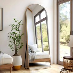 a large mirror sitting on top of a wooden floor next to a plant in a vase