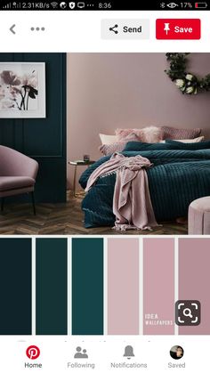 a bedroom with pink and teal colors on the walls, bedding and furniture