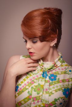 1960 French Pleat by Kim Elgar using Davines. Makeup by Sharon Holloway using Besame Cosmetics. Model Miss Deadly Red. Photo Scott Chalmers 1960s Makeup Tutorial, 60’s Hair, Cosmetics Model, 1960s Makeup, French Roll, French Pleat, Beehive Hair, Natural Red Hair