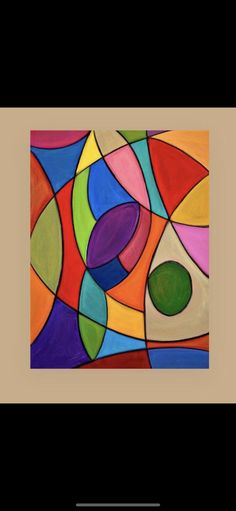 an abstract painting with different colors and shapes on the bottom, including green circle in center