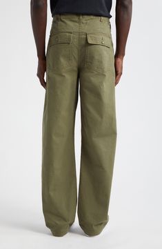 Inspired by military fatigues, these straight-leg pants made from sturdy Japanese twill are designed with dual pleats for a more polished look. 31" inseam; 17" leg opening; 11 1/2" front rise; 16 1/2" back rise (size 30) Zip fly with button closure Front slant pockets; back button-flap patch pockets 100% cotton Machine wash, line dry Made in Portugal Designer Clothing Utility Pants, Polished Look, Straight Leg Pants, Army Green, Cotton Twill, Leg Pants, Designer Clothing, Portugal, Top Brands