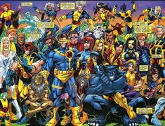 an image of a group of comic characters with their names in the middle and one being surrounded by others