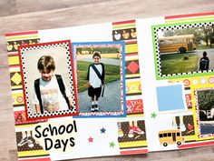 a scrapbook with school days pictures on the pages, and an image of a boy standing in front of a school bus