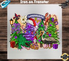 an iron - on transferer featuring christmas trees, presents and other holiday items with the word