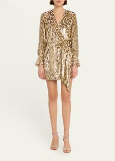 Chic Metallic Silk Dress, Gold Silk Dress With Long Sleeves, Elegant Leopard Print Dress For Party, Elegant Long Sleeve Leopard Print Mini Dress, Elegant Leopard Print Party Dress, Long Sleeve Leopard Print Party Dress, Gold Silk Long Sleeve Dress, Leopard Print Evening Dress For Fall, Fall Evening Leopard Print Dress