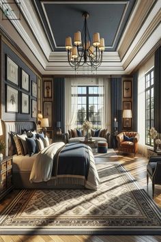 a bedroom with a large bed and chandelier hanging from it's ceiling