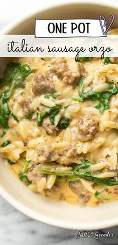 a bowl of pasta with text overlay that reads one pot italian sausage orzo Italian Sausage Orzo, Spaghetti With Shrimp, Sausage Orzo, One Pot Orzo, Seafood Spaghetti, Sausage And Spinach, Italian Sausage Recipes, Pasta Dinner Recipes