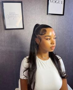 Hair Inspo Slick Back, Slick Half Up Half Down Hair Straight, Slick Black Hairstyles, Slick Half Up Half Down Hair, Slick Back Half Up Half Down Hair, Slick Back Ponytail, Curly Hair Sew In, Competition Hair, Weave Ponytail Hairstyles