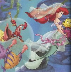 the little mermaid and her friends are swimming in the ocean