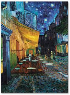 a painting of people sitting at tables in an alleyway