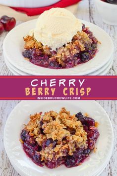 berry crisp with vanilla ice cream on top and in the background is a bowl of cherries