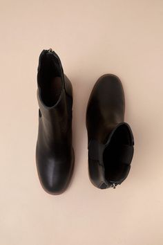 All your favorite fall 'fits are definitely going to include the Karlach Black Low Heel Ankle Booties! Faux pebbled leather shapes these essential autumn boots that feature an almond-shaped upper that rises to a 6.25"" ankle-high shaft with a 5.5"" zipper at the back and elastic gussets on either side. A stacked, wood-look block heel completes the trendy look! 2. 5" stacked wood-look block heel. Lightly cushioned insole. Nonskid rubber sole. Man Made Materials. Imported. Lulus | Karlach Black Lo Fall Booties With Leather Footbed And Round Toe, Fall Leather Booties With Round Toe And Leather Footbed, Fall Booties With Leather Sole And Flat Heel, Fall Leather Sole Flat Heel Booties, High Ankle Leather Footbed Boots For Fall, Fall Flat Heel Booties With Leather Sole, High Ankle Boots With Leather Footbed For Fall, Leather Booties With Padded Ankle For Fall, Fall Leather Platform Boots With Almond Toe