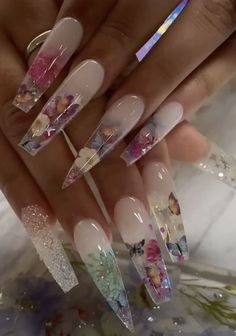 Encapsulated Nails Flowers, Encapsulated Nails, Pretty Nail Designs, Long Acrylic Nails Coffin, Luxury Nails, A Minor