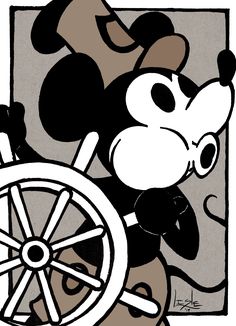 an image of mickey mouse holding a wheel