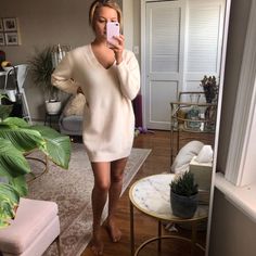 -Never Worn! (Except For Taking The Photo For Poshmark!) -V-Neck Neckline -Long-Sleeved -Cute, Warm, Short, Flattering -Would Look Great With Some Cute Booties, Perfect For Fall Trendy Beige V-neck Mini Dress, Chic V-neck Mini Dress For Loungewear, Forever 21 V-neck Mini Dress For Date Night, Forever 21 V-neck Mini Dress For Day Out, Forever 21 V-neck Mini Dress, Cream V-neck Mini Dress For Brunch, Blush Pink Sweater, Pink Sweater Dress, Black Mesh Dress