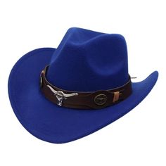 Elevate your boho chic style with our Western Style Cowboy Hat featuring a trendy leather band adorned with a bold bull detail. Crafted for both fashion and function, this hat effortlessly merges bohemian flair with classic cowboy charm, making it the perfect accessory for any free-spirited wardrobe. Specs: Material: Polyester Trendy Adjustable Blue Fedora, Trendy Blue Hat For Rodeo, Blue Fedora Country Style Hat, Blue Country Fedora Hat, Blue Country Style Fedora Hat, Country Style Blue Felt Hat With Short Brim, Adjustable Blue Hat Bands For Fall, Blue Country Style Felt Hat With Short Brim, Adjustable Blue Felt Hat For Fall