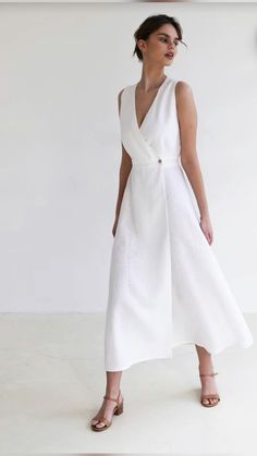 Linen V-neck Sundress Maxi Dress, Chic White Linen Maxi Dress, Summer Linen A-line Maxi Dress, White Wrap Dress For Summer, White Linen V-neck Maxi Dress, Linen A-line Maxi Dress For Beach, Spring Linen Wrap Maxi Dress, Summer Linen Wrap Maxi Dress, Summer Wrap Linen Maxi Dress