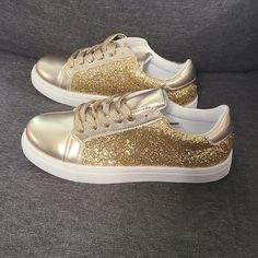 Brand New Gold Sparkly Shoes. Size 37 (6.5). Trendy Gold Sneakers For Party, Trendy Party Sneakers With Synthetic Material, Party Sneakers Lace-up Synthetic, Trendy Gold Party Sneakers, Party Lace-up Synthetic Sneakers, Spring Party Sneakers, Closed Toe, Spring Party Sneakers With Closed Toe, Summer Party Lace-up Sneakers, Gold Casual Sneakers For Party