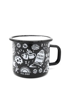 Dead Tired Enamel Coffee Mug-Pyknic-Strange Ways Goth Mugs Coffee Cups, Goth Mug, Romantic Skeletons, Spooky Mugs, Pop Interior, Goth Home, Goth Home Decor, Camping Coffee, Coffeehouse