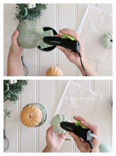 two pictures showing how to decorate pumpkins with scissors and paper towel, while another shows the process