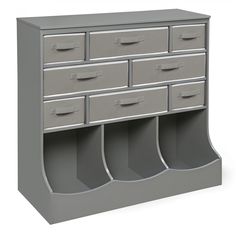 a gray dresser with five drawers and three bins