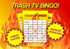 the flash tv bingo game is on fire and has flames around it, as well as four