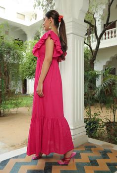 Berry Pink Flared Maxi Dress for Women with Indian Body Type - Customizable, Easy Returns – Fledgling Wings Feminine Pink Cotton Maxi Dress, Pink Cotton Dress With Ruffles, Pink Cotton Ruffle Dress For Summer, Pink Cotton Ruffle Maxi Dress, Pink Cotton Maxi Dress With Ruffles, Feminine Cotton Midi Dress For Party, Feminine Cotton Maxi Dress With Ruffles, Casual Pink Cotton Ruffle Dress, Pink Cotton Ruffle Dress With Ruffle Hem