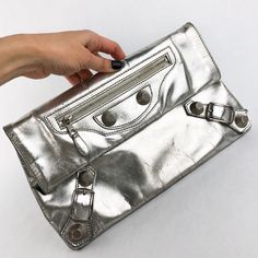 Large Silver Metallic Clutch By Balenciaga. Pre-Loved With Extra Character. See Pics. Metallic Clutch Bag, Bags Balenciaga, Metallic Clutch, Real Pictures, Metallic Silver, Balenciaga, Clutch Bag, Bag Lady, Silver