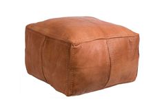 a brown leather ottoman with stitching on the sides and footrests is shown in front of a white background