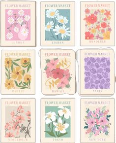 six flower market cards with different flowers