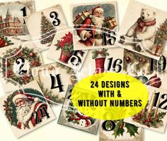 twelve designs with and without numbers for christmas cards, including santa's sleigh