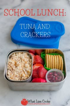 school lunch tuna and crackers in a tin with strawberries, raspberries