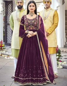 Dark Purple Anarkali style Salwar Suit Faux Georgette Salwar Kameez in Cording Embroidery, Sequins & Lace Work:Arabic Attire Anarkali Georgette Churidar For Diwali, Anarkali Choli With Mirror Work For Eid, Festive Anarkali Churidar In Georgette, Eid Anarkali Semi-stitched Churidar, Semi-stitched Dabka Anarkali Set For Festivals, Festive Semi-stitched Dabka Anarkali Set, Bollywood Style Choli In Georgette As Straight Kurta, Bollywood Anarkali Set In Georgette For Eid, Semi-stitched Floor-length Churidar For Diwali