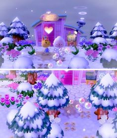 two pictures of snow covered trees in front of a pink building with hearts on it