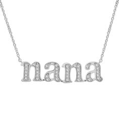 Show off your Nana status with this dazzling diamond necklace. In scintillating sterling silver, 38 single cut diamonds spell out the cherished title. Enduring with love, this accessory warms the heart. | Diamond | Helzberg Diamonds Personalized Silver Diamond Necklace With Cubic Zirconia, Personalized Silver Cubic Zirconia Diamond Necklace, Personalized Silver Diamond Necklace For Formal Occasions, Silver Name Necklace With Diamond Accents For Anniversary, Silver Diamond Name Necklace For Anniversary, Mother's Day Silver Diamond Necklace, White Gold Diamond Necklace With Accents For Mother's Day, Silver Diamond Necklace For Mother's Day, Silver Engraved Diamond Necklace