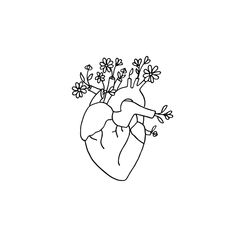 a black and white drawing of a human heart with flowers in it's center