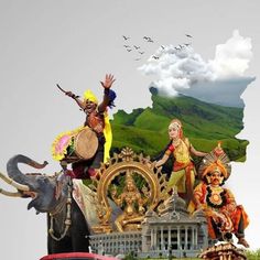 an image of people riding on top of elephants in front of a building and mountains