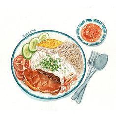 a drawing of a plate with meat, rice and vegetables