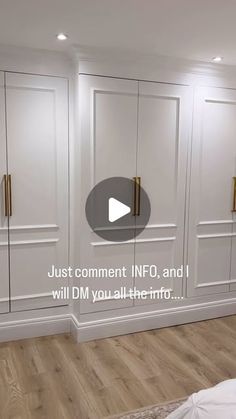 a room with white cabinets and wood floors in the background, there is a video about how to install closet doors