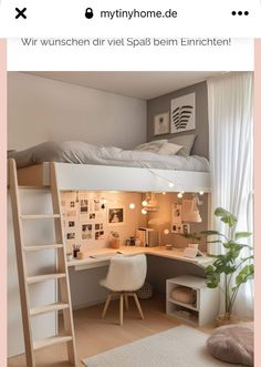 a white loft bed with desk and ladder in the corner, next to a window