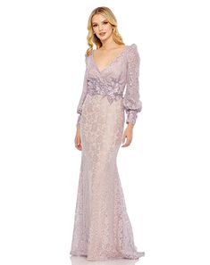 Light Purple Gown, Long Sleeve Lace Gown, Formal Lace Dress, Vintage Lilac, Wedding Guest Gowns, Purple Gowns, Dresses For Ladies, Mother Of Bride Dresses, Mac Duggal Dresses