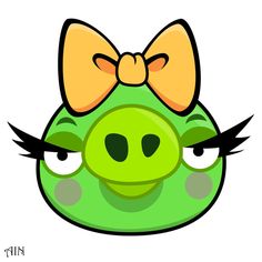 a green pig with a bow on its head and big eyes is drawn in cartoon style