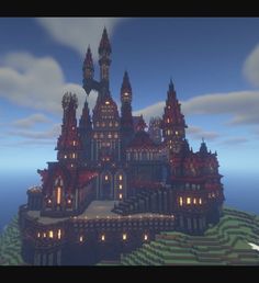 Evil Castle with red roofs and a stone base Minecraft Mountain Castle Blueprints, Castle Inspo Minecraft, Minecraft Gothic Castle Blueprints, Minecraft Victorian Castle, Castle Exterior Minecraft, Dracula Castle Minecraft, Gothic Manor Minecraft, Minecraft Nether Castle Ideas, Minecraft Vampire Mansion