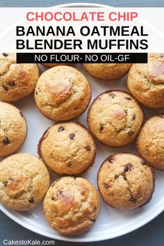 chocolate chip banana oatmeal blender muffins on a white plate