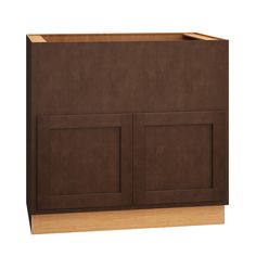 a brown cabinet with two doors and drawers