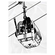 a black and white photo of a ski lift in the air with wires above it