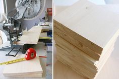 two pictures side by side, one with a saw and the other with wood